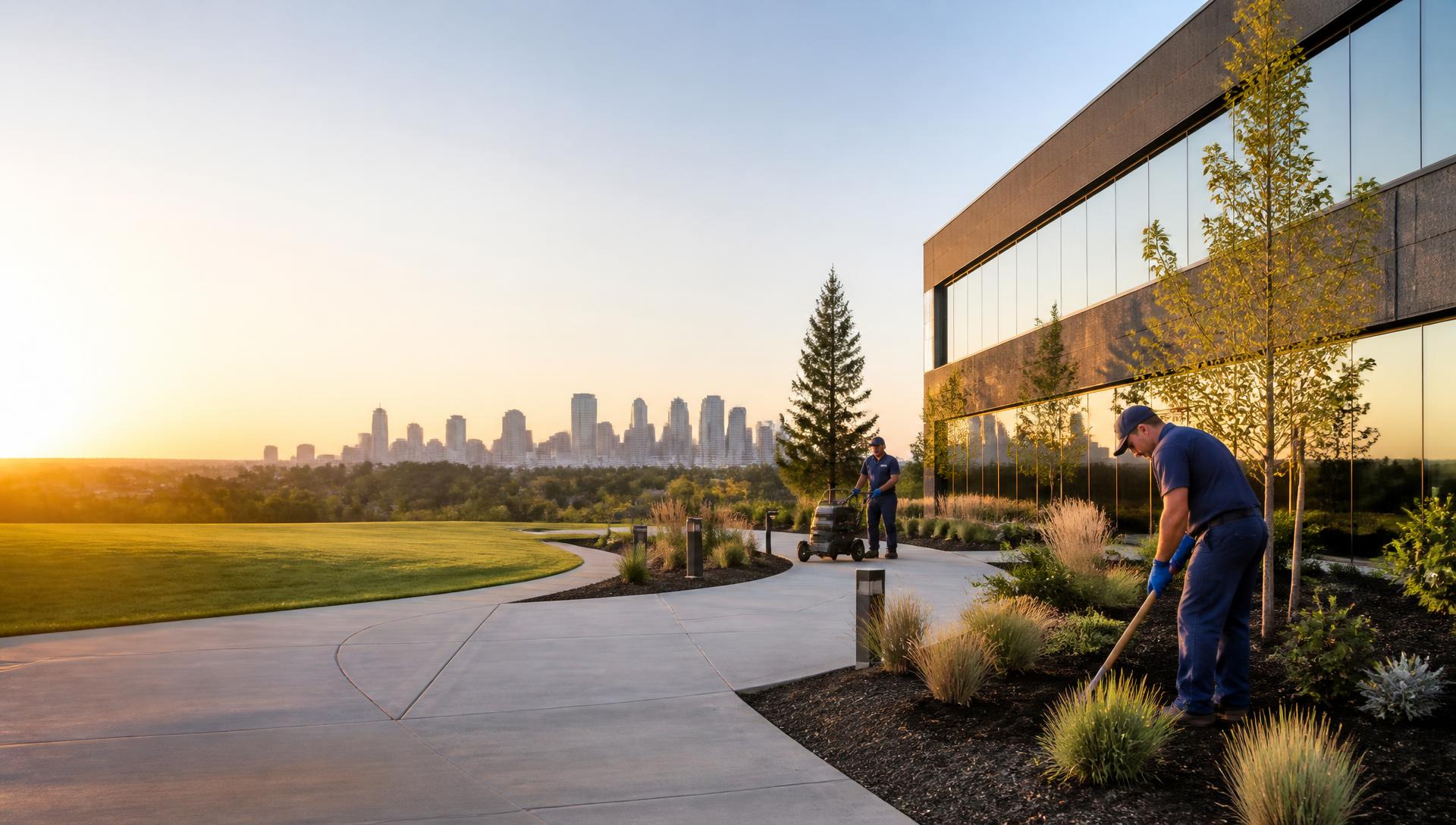Maintained commercial property grounds in Calgary at golden hour with a property maintenance crew working on the landscaping
