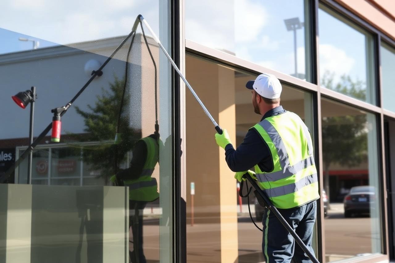 Window cleaning technician washing exterior storefront glass at a Calgary retail building