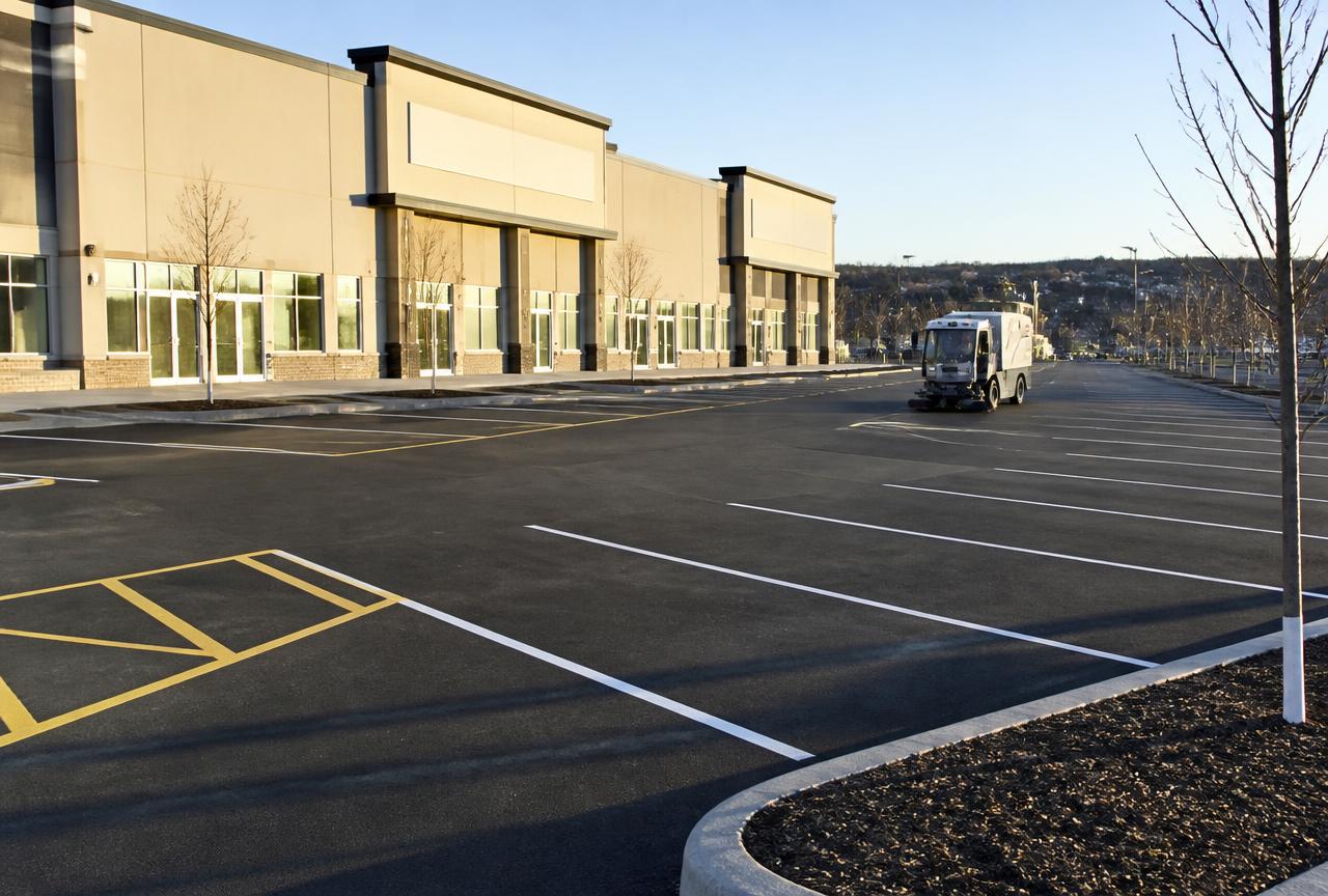 Swept commercial parking lot with freshly painted stall lines at a Calgary retail plaza